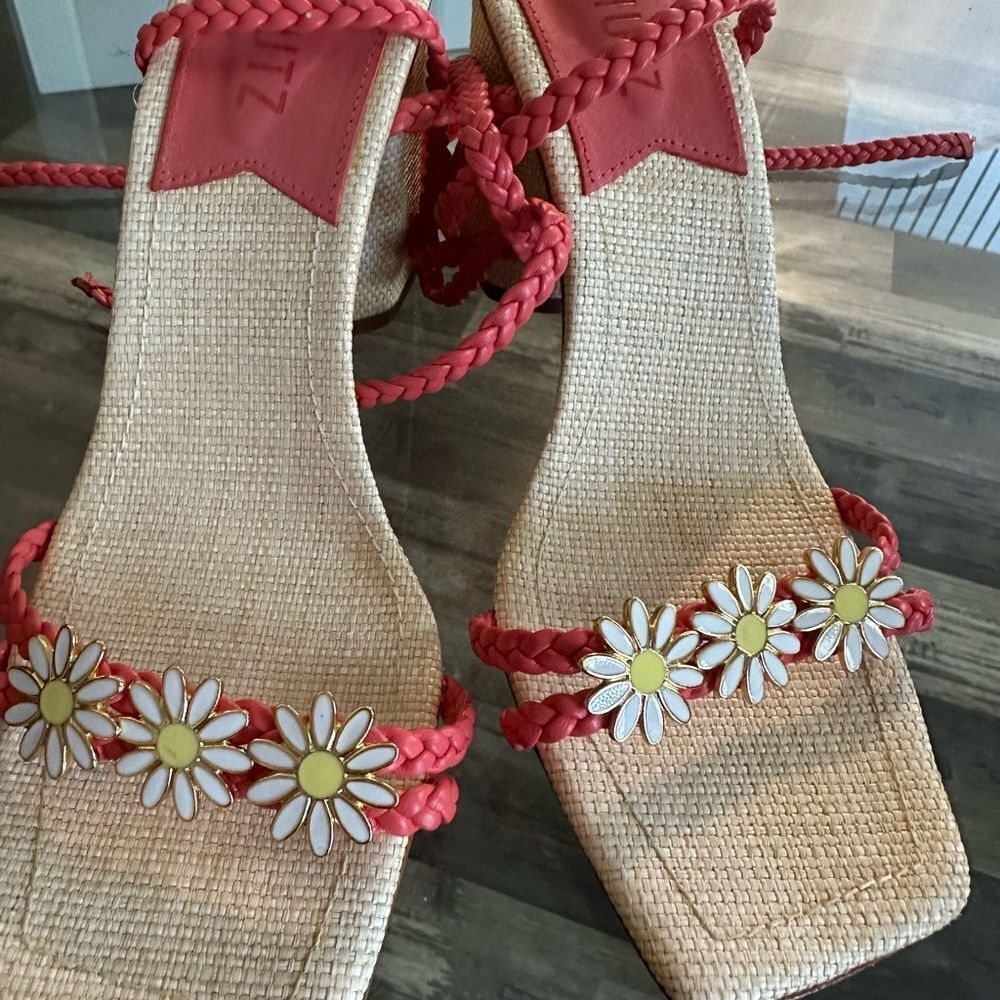 Red Braided Sandals with Daisy Accents